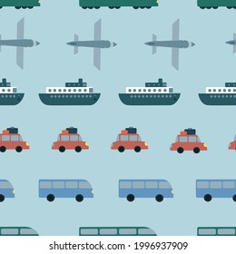 Seamless vector pattern with bus, plane, car, train, ship on light blue background. Kids pattern for textile, wrapping paper, backdrops.
