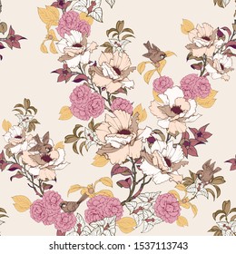 Seamless vector pattern with a bush of peonies, roses and sparrow birds