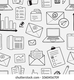 Seamless vector pattern with business icons in outlines. Gread design for wrapping paper, website background, presentation backdrop, stationery design.