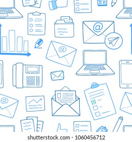 Seamless vector pattern with business icons in outlines. Gread design for wrapping paper, website background, presentation backdrop, stationery design.