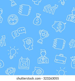Seamless vector pattern of business icons on a light blue background, hand-drawn.