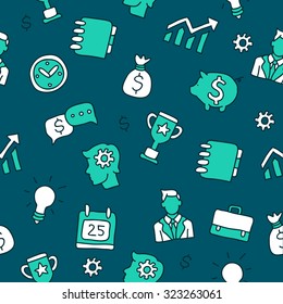 Seamless vector pattern of business icons on a dark blue background, hand-drawn.