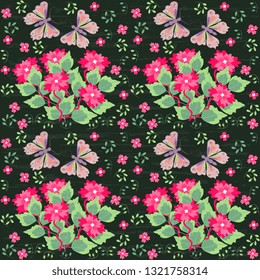 Seamless vector pattern with butterflies, bright flowers on a dark green background, textured. Beautiful cover, wrapping and wrapping background.
