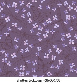 Seamless vector pattern with butterflies and dragonflies on a floral background. Vector illustration.
