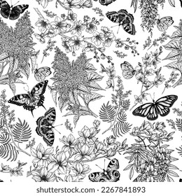 Seamless vector pattern with butterflies and flowering trees. Cherry blossom, lilac, mimosa, magnolia, forsythia, monarch butterfly, peacock butterfly, butterfly swallowtail, pieridae