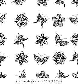 Seamless vector pattern with butterflies and flowers. Nature black and white background.