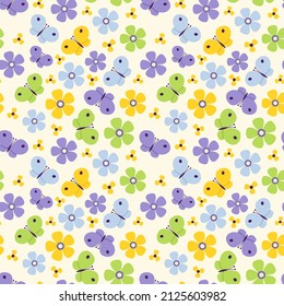 Patrón vectorial sin foco de mariposas y flores. Borde de primavera.
