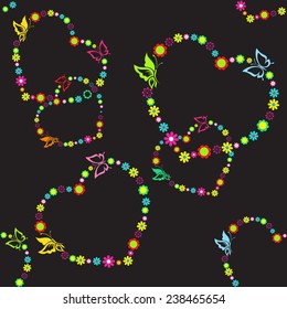 Seamless vector pattern with butterflies and flowers on a black background