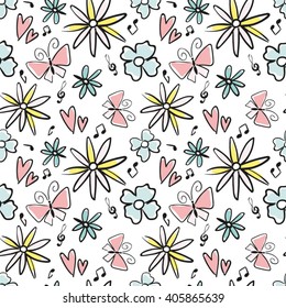 Seamless Vector Pattern with Butterflies Flowers and Music Notes