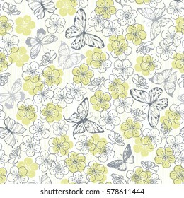 Seamless vector pattern with butterflies and flowers. 