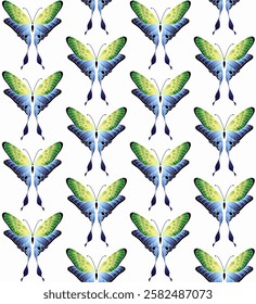 Seamless vector pattern of butterflies with green, yellow and blue gradations on white background. Vector illustration for textile, interior design, for book design, website background