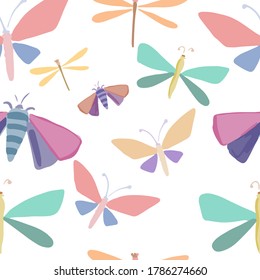 Seamless vector pattern with butterflies and insects in cartoon children style. Vector illustration