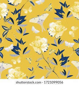Seamless vector pattern with butterflies and moths among the branches and inflorescences of roses on a monochrome yellow ochre background. Floral repeating square tamplate for fabric and wallpaper.