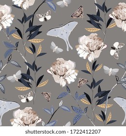 Seamless vector pattern with butterflies and moths among the bushes with branches and inflorescences of roses on a light grey, cream background. Floral repeating square tamplate for fabric