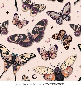 Seamless vector pattern of butterflies and moths, featuring starry elements on a peach background, ideal for wallpaper or fabric design