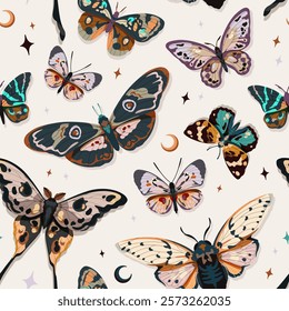 Seamless vector pattern of butterflies and moths, featuring starry elements on a light beige background, ideal for wallpaper or fabric design