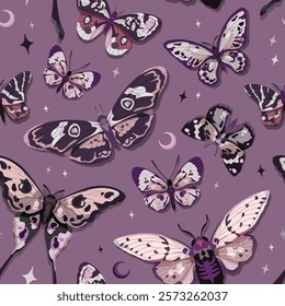 Seamless vector pattern of butterflies and moths, featuring starry elements on a violet background, ideal for wallpaper or fabric design