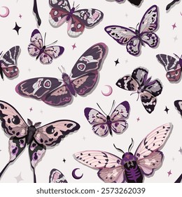 Seamless vector pattern of butterflies and moths, featuring starry elements on a light violet background, ideal for wallpaper or fabric design