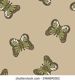 Seamless vector pattern with butterflies on green background. Simple vintage wallpaper design. Decorative summer love fashion textile.