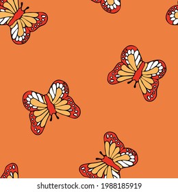 Seamless vector pattern with butterflies on orange background. Simple summer wallpaper design. Romantic vintage fashion textile.