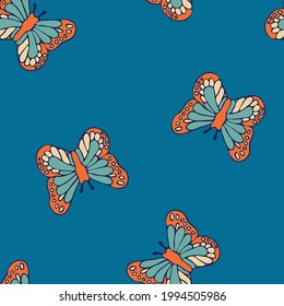 Seamless vector pattern with butterflies on blue background. Simple vintage summer wallpaper design. Romantic fashion textile.