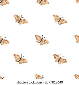 Seamless vector pattern with  butterflies on isolated background.Decorative,festive,repeating,bright print in flecked style.Design for textiles,wrapping paper,packaging,fabric.