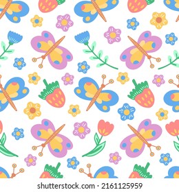 Patrón vectorial sin foco con mariposas, fresas y flores. Un estilo liso. Impresión de niños, papel de envoltura, impresión de tela, concepto de diseño textil casero.