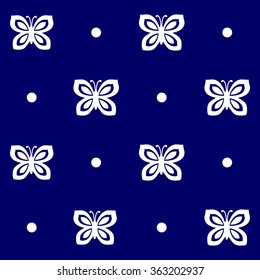 Seamless vector pattern of butterfly and circle shape, texture for printing, background, white and blue colors.