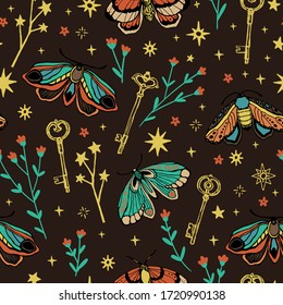 seamless vector pattern. butterfly, flower, star. magic vintage illustration for textiles, office wallpaper