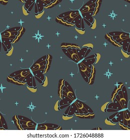 seamless vector pattern. butterfly, flower, star. magic vintage illustration for textiles, office wallpaper