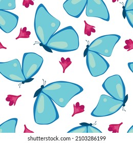 Seamless vector pattern with butterfly and flowers. Printing on wrapping paper, wallpaper, fabric, textiles. Spring background