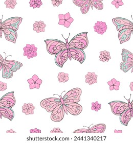 Seamless vector pattern with butterfly and flowers. Decoration print for wrapping, wallpaper, fabric, textile. Spring background.