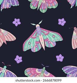 Seamless vector pattern with butterfly and flowers. Decoration print for wrapping, wallpaper, fabric, textile. 