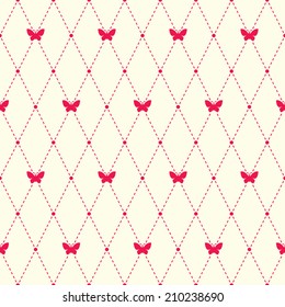 Seamless vector pattern with butterfly or moth and argyle elements. Simple cute background. 