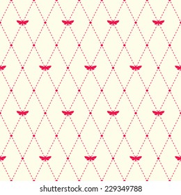 Seamless vector pattern with butterfly or moth and argyle elements. Simple cute background with decorative insects and geometric design. 