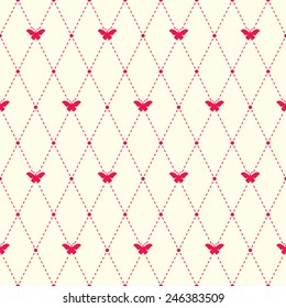 Seamless vector pattern with butterfly or moth and argyle elements. Simple cute background with decorative insects and geometric design.