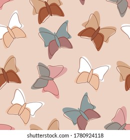 Seamless vector pattern of a Butterfly in pastel colors and with pastel color in background. Tender green, pink, nude and  blue colors for fabric or different surfaces. 