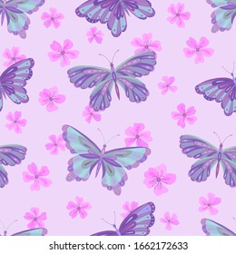 Diseño vectorial sin inconvenientes con flores de mariposa y sakura. Impresión decorativa para envolturas, papel pintado, tela. Fondo de primavera.