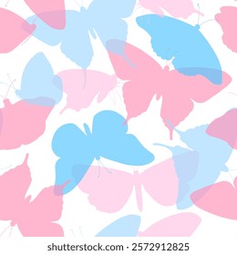 Seamless vector pattern of butterfly silhouettes in pastel pink and blue. Cute and abstract design for baby showers, birthdays, or floral themed wrapping. Simple and decorative with a spring vibe