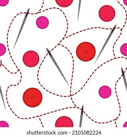Seamless vector pattern. Buttons, needle and thread on a white background. Needlework. Red shades. Package. Print. Scrapbooking. Wallpaper.