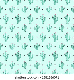 Seamless vector pattern with cacti / cactuses and pink flowers.Light green pastel background with cactus and black hearts.Modern mexican exotic plant design for fashion,print,poster,card,textile. 