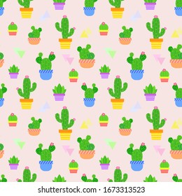 Patrón vectorial transparente con cactus en ollas coloridas. Plantas brillantes y elementos geométricos. Diseño creativo para imprimir en tela, papel pintado y productos para niños.