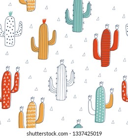 Seamless vector pattern with cactus:  For birthday, party invitations, scrapbook, summer holidays. Vector illustration in blue, red and yellow colors.