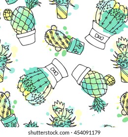 Seamless vector pattern with cactus. Colorful background with watercolor splashes and cacti. Succulent collection.
