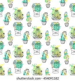 Seamless vector pattern with cactus. Colorful background with watercolor splashes and cacti. Succulent collection.