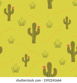 Seamless vector pattern with cactus in desert on green background. Simple floral hand drawn wallpaper design. Nature fashion textile.