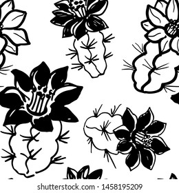 Seamless vector pattern with cactus and flowers, thick line doodle drawing.