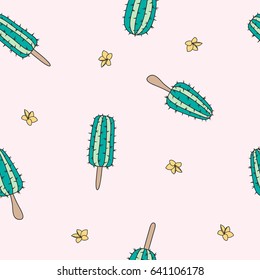 Seamless vector pattern with cactus ice cream on a light pink background. Funny summer print for fabric and other.