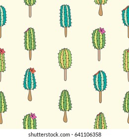 Seamless vector pattern with cactus ice cream on a light yellow background. Funny summer print for fabric and other.