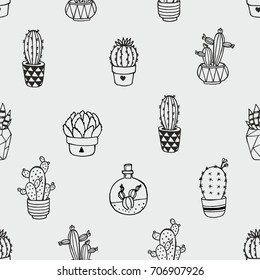 Seamless vector pattern with cactus isolated on an gray background. Can be used for paper, fabric, fashion, clothes, T-shirt, curtains, web design. Handdrawn doodle illustration